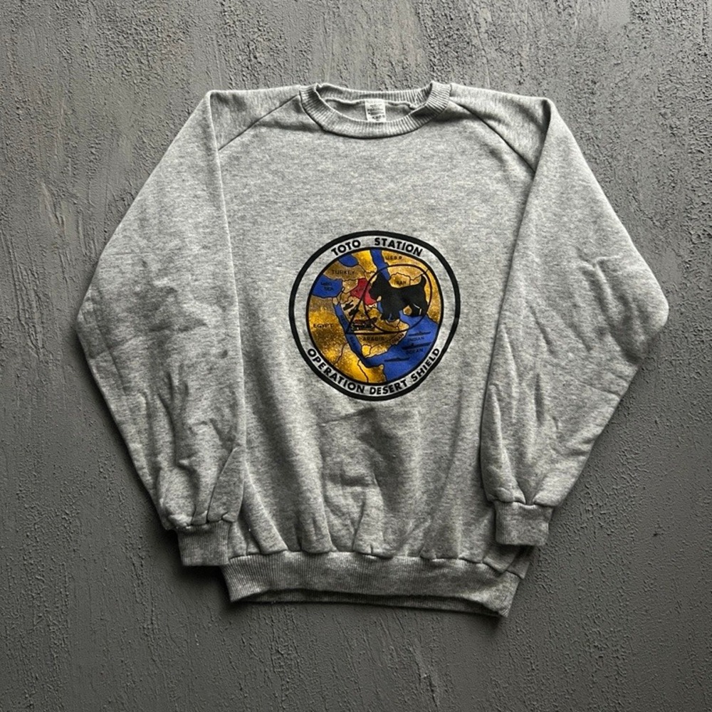 Vintage Toto Station Sweatshirt Medium Gray 90s Operation Desert Shield Military